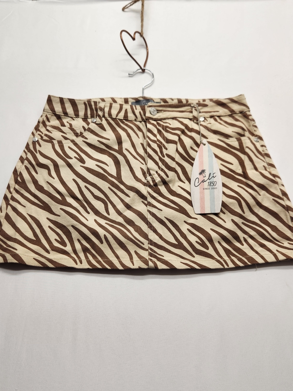 ⭐️NWT CALI 1850 Zebra Print Denim Mini Skirt Brown Tan Cotton Blend Size Large L